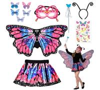 Kuvarix Disfraz Mariposa Niña, 11pcs Alas de Mariposa con Falda Corta Máscara Diadema Varita Mágica Horquillas Tatuaje, Disfraz Mariposa para Navidad Carnaval Cosplay