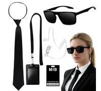 KUWUNG Accesorios para disfraz de agente con gafas de sol negras con cremallera, corbata, tarjeta de identificación y tarjetero, disfraz de agente para vestir a Role Play para adultos Halloween