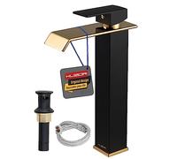 KUZOR Grifo de fregadero de recipiente, negro mate, grifo de lavabo de baño de cascada dorado brillante, grifos de baño altos de un solo agujero de 1 manija con drenaje desplegable de metal, grifo
