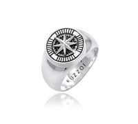 Kuzzoi Anillo de sello para hombre, redondo, macizo, 15 mm de ancho, en plata de ley 925, negro oxidado con símbolo de brújula, anillo para hombres de tamaño 60-66, 0605832820