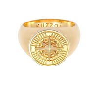 Kuzzoi Anillo de sello para hombre, redondo, macizo, en plata de ley 925 chapada en oro, dorado con símbolo de brújula, anillo marítimo para hombres