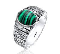 Kuzzoi Anillo para hombre ovalado con piedra preciosa de malaquita, anillo para hombres macizo (10 mm) en plata de ley 925, anillo de plata estructurada negro oxidado, tamaño 60 - 66, 0607171522
