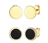 Kuzzoi Juego de pendientes para hombre redondos (8 mm) bañados en oro, con esmalte negro de plata de ley 925, set de pendientes dorados para hombre, regalos para hombres, 0305151722, Plata
