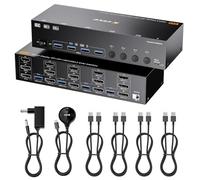 KVM Switch 3 Monitores 4 PC, Displayport HDMI USB 3.0 Conmutador KVM para dos monitores, soporta 4K@60Hz para 3 ordenadores que comparten 2 monitores DP, teclado y ratón