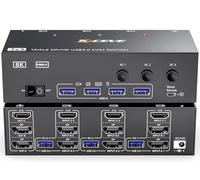 KVM Switch 3 PC 3 Monitores 8K@60Hz 4K@144Hz, USB 3.0 HDMI Displayport KVM Switch para 3 Computadoras Compartir 3 Monitores y 4 Dispositivos USB,Incluye 3 Cables USB,Control Remoto,Adaptadores de 12V