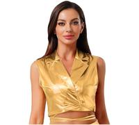 Kvysinly Mujer Brillante Metálico Sin Mangas Piel Corta Camisola Cuello V Camiseta sin Mangas Top Disco Baile, dorado, L