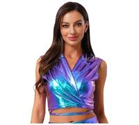 Kvysinly Mujer Brillante Metálico Sin Mangas Piel Corta Camisola Cuello V Camiseta sin Mangas Top Disco Baile, Azul holográfico, L