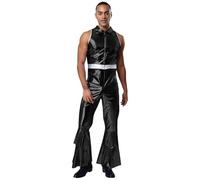 Kvysinly Traje metálico brillante para hombre, disfraz de discoteca, camiseta interior holográfica, body para carnaval, Halloween, clubwear, negro, 3XL