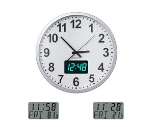 KWANWA Reloj de pared silencioso de metal con fecha, temperatura semanal, funciona con pilas, pantalla digital LCD/LED, reloj de pared de cuarzo moderno, para cocina, oficina, 12 pulgadas (LED azul
