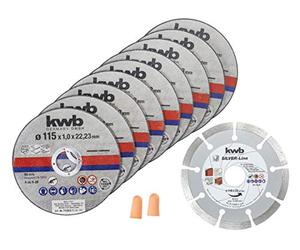 kwb Juego de discos de corte para acero inoxidable e INOX, 115 mm, con caja de almacenamiento y tapones para los oídos