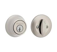 Kwikset Cerradura de cerrojo 660, puerta de entrada frontal redonda de níquel satinado con llave exterior, perno muerto de un solo cilindro, con protección Microban
