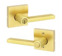 Kwikset Halifax - Manija de puerta de entrada con cerradura y llave, manija reversible con llave segura exterior, para entrada frontal y dormitorios, latón satinado, seguridad Smartkey Rekey