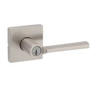 Kwikset Lisbon Entry Door Handle with Lock and Key Secure Keyed Reversible Lever Exterior Doorlock For Front Entrance and Bedrooms Satin