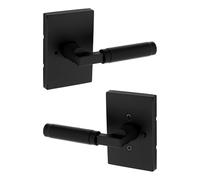 Kwikset Prava - Manija de puerta de privacidad interior con cerradura, palanca de puerta para baño y dormitorio, color negro mate, manija reversible de bloqueo de botón pulsador sin llave, con