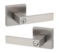 Kwikset Singapore - Mango de puerta de entrada con cerradura y llave, manija reversible con llave segura exterior, para entrada frontal y dormitorios, níquel satinado, seguridad Smartkey Rekey