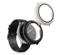 kwmobile Carcasa Compatible con Amazfit Active2 (A2437) Funda - 2X Protector Pantalla Completo de Cristal Templado - Ultrafino y antigolpes - Negro/Beige