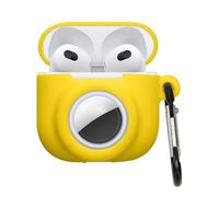 kwmobile Carcasa Compatible con Apple Airpods 4 y Airtag - Funda de Silicona Antipérdida y Antigolpes con Mosquetón - Amarillo