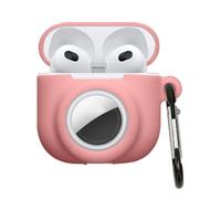 kwmobile Carcasa Compatible con Apple Airpods 4 y Airtag - Funda de Silicona Antipérdida y Antigolpes con Mosquetón - Rosa Palo