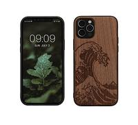 kwmobile Carcasa Compatible con Apple iPhone 12 / iPhone 12 Pro Funda - Funda de Madera de Nogal con Bumper antigolpes - Estampa Japonesa