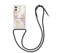 kwmobile Carcasa Compatible con Apple iPhone 12 Mini Funda con Cuerda - Funda con Correa Colgante - Cordón Ajustable - Bordes elevados - Mapa Mundial