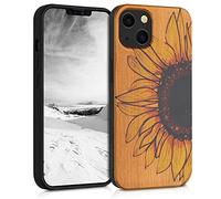 kwmobile Carcasa Compatible con Apple iPhone 13 Funda - Funda de Madera de Cerezo con Bumper antigolpes - Girasol sobre Madera