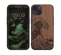 kwmobile Carcasa Compatible con Apple iPhone 13 Funda - Funda de Madera de Nogal con Bumper antigolpes - Estampa Japonesa