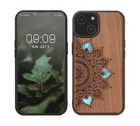 kwmobile Carcasa Compatible con Apple iPhone 14 Funda - Funda de Madera de Nogal con Bumper antigolpes - Sol Naciente con nacár