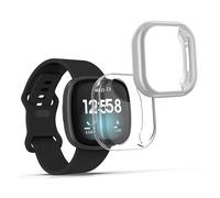 kwmobile Carcasa Compatible con Fitbit Versa 3 / Sense Funda - 2X Protector Pantalla Completo - Ultrafino y antigolpes - Transparente/Plata