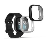 kwmobile Carcasa Compatible con Fitbit Versa 3 / Sense Funda - 2X Protector Pantalla Completo - Ultrafino y antigolpes - Negro/Plata