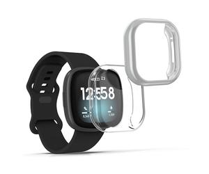 kwmobile Carcasa Compatible con Fitbit Versa 3 / Sense Funda - 2X Protector Pantalla Completo - Ultrafino y antigolpes - Transparente/Plata