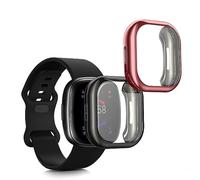 kwmobile Carcasa Compatible con Fitbit Versa 4 / Sense 2 Funda - 2X Protector Pantalla Completo - Ultrafino y antigolpes - Negro/Rosa Fucsia
