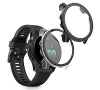 kwmobile Carcasa Compatible con Garmin Forerunner 570 42mm Funda - 2X Protector Pantalla Completo de Cristal Templado - Ultrafino y antigolpes - Transparente/Negro