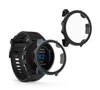 kwmobile Carcasa Compatible con Garmin Forerunner 955 Solar Funda - 2X Protector Pantalla Completo de Cristal Templado - Ultrafino y antigolpes - Negro/Verde Oscuro