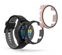kwmobile Carcasa Compatible con Garmin Forerunner 965 Funda - 2X Protector Pantalla Completo de Cristal Templado - Ultrafino y antigolpes - Negro/Rosa Palo