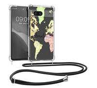 kwmobile Carcasa Compatible con Google Pixel 7a Funda con Cuerda - Funda con Correa Colgante - Cordón Ajustable - Bordes elevados - Mapa Mundial