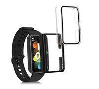kwmobile Carcasa Compatible con Honor Band 7 / Band 6 / Huawei Band 7 / Band 6 Funda - 2X Protector Pantalla Completo de Cristal Templado - Ultrafino y antigolpes - Negro/Transparente