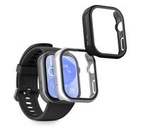 kwmobile Carcasa Compatible con Huawei Watch Fit 3 Funda - 2X Protector Pantalla Completo de Cristal Templado - Ultrafino y antigolpes - Plata/Negro