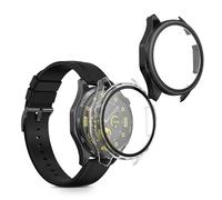 kwmobile Carcasa Compatible con Huawei Watch GT4 46mm Funda - 2X Protector Pantalla Completo de Cristal Templado - Ultrafino y antigolpes - Transparente/Negro