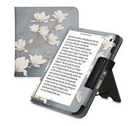 kwmobile Carcasa Compatible con Kobo Libra 2 - Funda con Agarre elástico y Soporte - Magnolias marrón Topo/Blanco/Gris Azulado