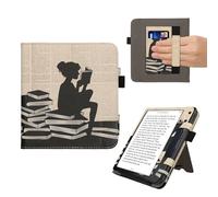 kwmobile Carcasa Compatible con Kobo Libra Colour - Funda con Agarre elástico y Soporte - Chica lectora Negro/Beige