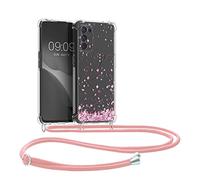 kwmobile Carcasa Compatible con OPPO Find X3 Lite Funda con Cuerda - Funda con Correa Colgante - Cordón Ajustable - Bordes elevados - Flores Cerezo cayendo
