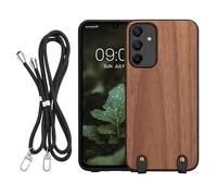 kwmobile Carcasa Compatible con Samsung Galaxy A15 5G Funda con Cuerda - Funda con Correa Colgante Ajustable de Madera con Bumper de TPU - marrón Oscuro