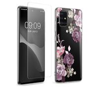 kwmobile Carcasa Compatible con Samsung Galaxy A51 Crystal Case - Funda Transparente con Protector de Pantalla de Vidrio Templado Incluido - Flores y Rosas