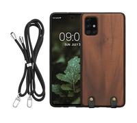 kwmobile Carcasa Compatible con Samsung Galaxy A51 Funda con Cuerda - Funda con Correa Colgante Ajustable de Madera con Bumper de TPU - marrón Oscuro