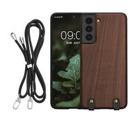 kwmobile Carcasa Compatible con Samsung Galaxy S21 FE Funda con Cuerda - Funda con Correa Colgante Ajustable de Madera con Bumper de TPU - marrón Oscuro