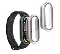 kwmobile Carcasa Compatible con Xiaomi Mi Band 10 / Smart Band 10 Funda - 2X Protector Pantalla Completo de Cristal Templado - Ultrafino y antigolpes - Plata/Fucsia Metalizado