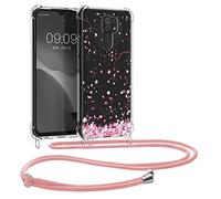 kwmobile Carcasa Compatible con Xiaomi Redmi 9 Funda con Cuerda - Funda con Correa Colgante - Cordón Ajustable - Bordes elevados - Flores Cerezo cayendo