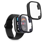 kwmobile Carcasa Compatible con Xiaomi Redmi Watch 3 Active/Redmi Watch 3 Lite Funda - 2X Protector Pantalla Completo de Cristal Templado - Ultrafino y antigolpes - Negro/Azul Oscuro
