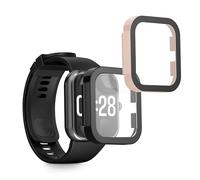 kwmobile Carcasa Compatible con Xiaomi Redmi Watch 4 Funda - 2X Protector Pantalla Completo de Cristal Templado - Ultrafino y antigolpes - Negro/Rosa Palo