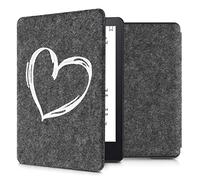 kwmobile Funda Compatible con Amazon Kindle Paperwhite 11. Generation 2021 - Carcasa Plegable de Fieltro para e-Reader - Case Dibujo de corazón Blanco/Gris Oscuro